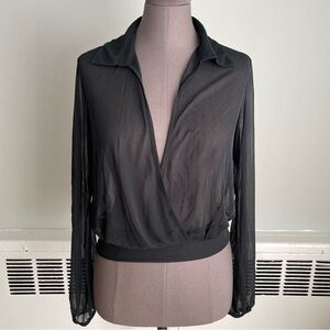 Express mesh long sleeved wrap front style shirt with collar